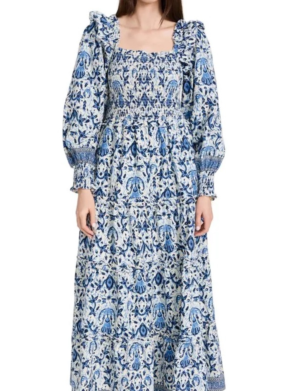 Blue Floral Smocked Genevieve Maxi Dress with Puff Sleeves